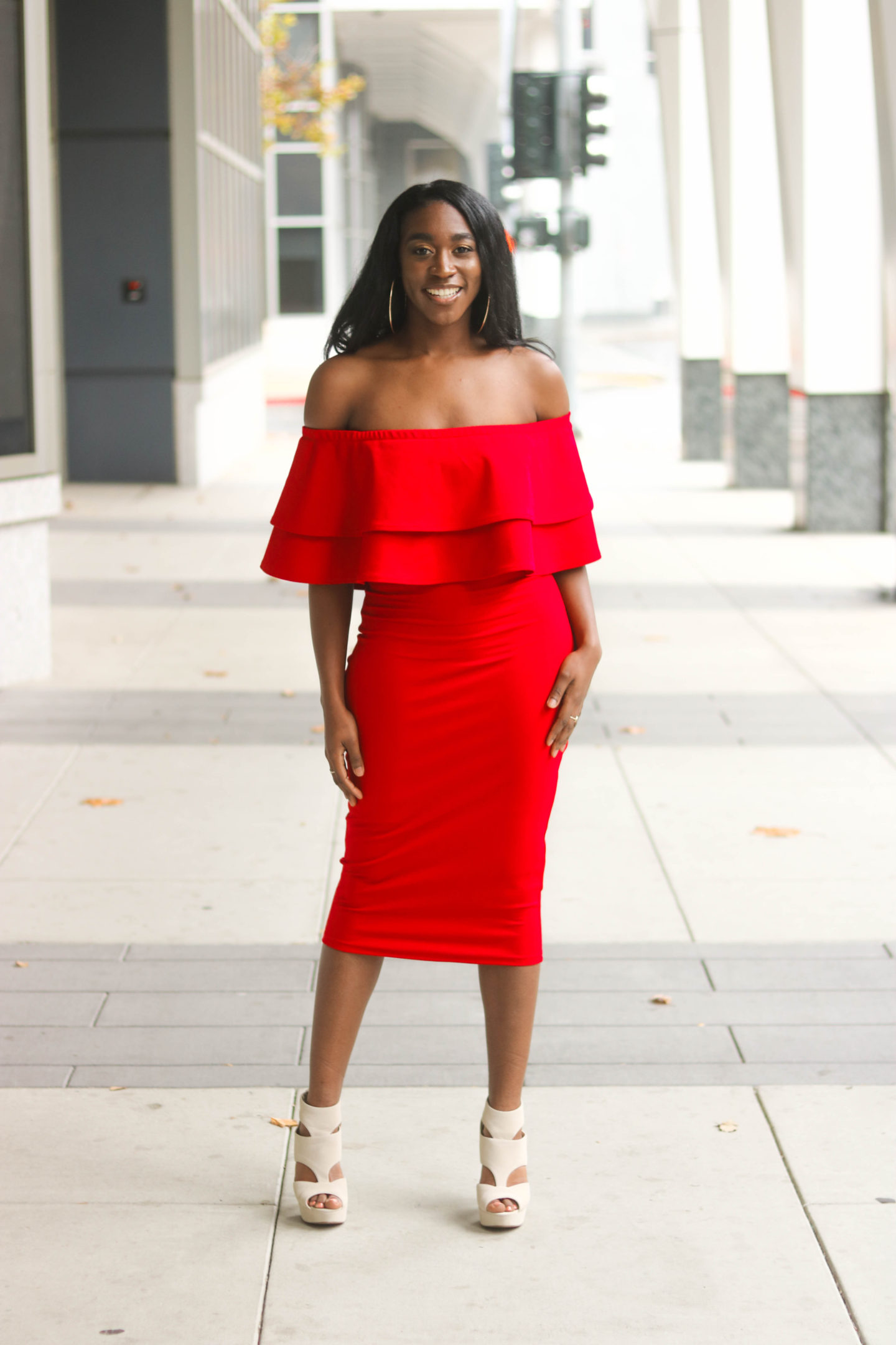 DIY Off the shoulder bodycon dress with flounce flutter, sewing tutorials, flounce, flutter, red dress, red body con dress, red off the shoulder dress, Christmas Dress, Valentines Day Dress, Double Flutter, Double Flounce, Midi body con dress, holiday dress