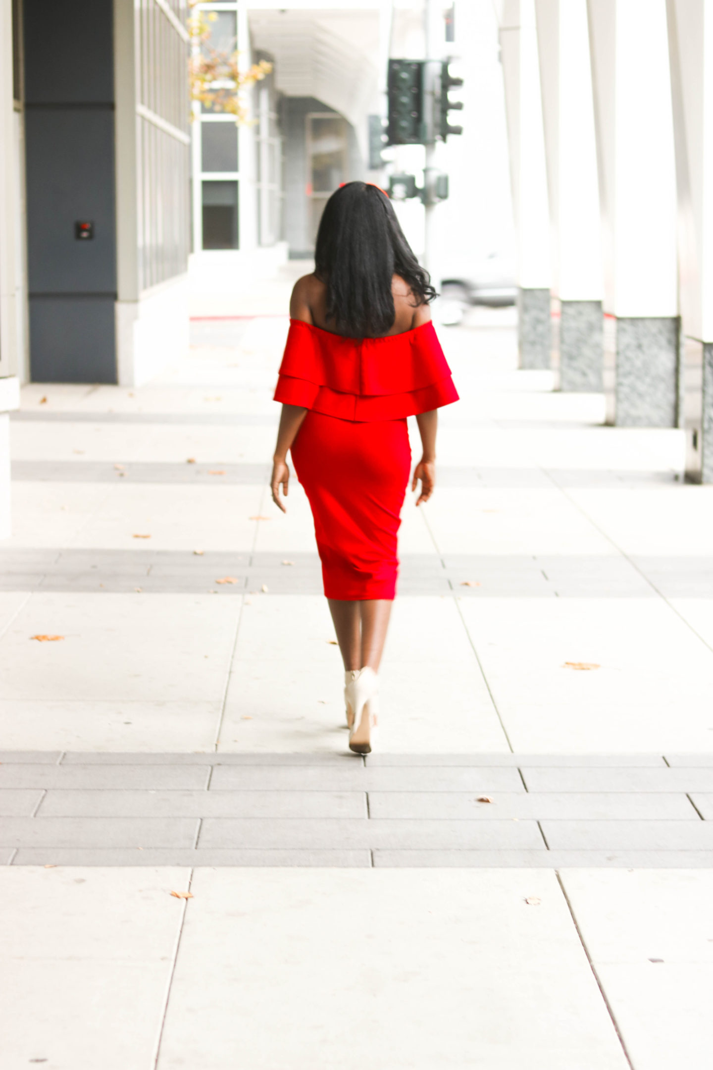 DIY Off the shoulder bodycon dress with flounce flutter, sewing tutorials, flounce, flutter, red dress, red body con dress, red off the shoulder dress, Christmas Dress, Valentines Day Dress, Double Flutter, Double Flounce, Midi body con dress, holiday dress