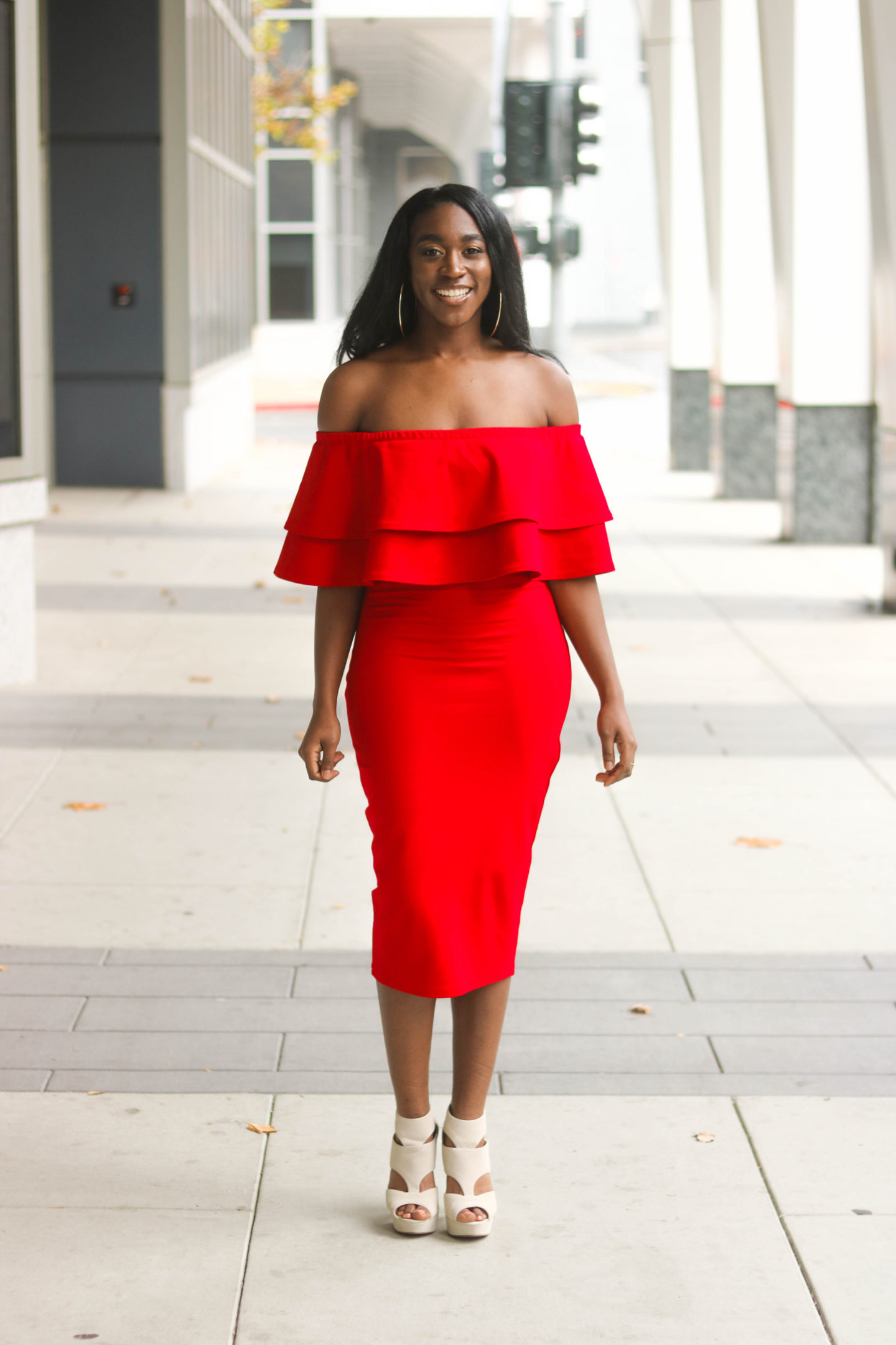 DIY Off the shoulder bodycon dress with flounce flutter, sewing tutorials, flounce, flutter, red dress, red body con dress, red off the shoulder dress, Christmas Dress, Valentines Day Dress, Double Flutter, Double Flounce, Midi body con dress, holiday dress