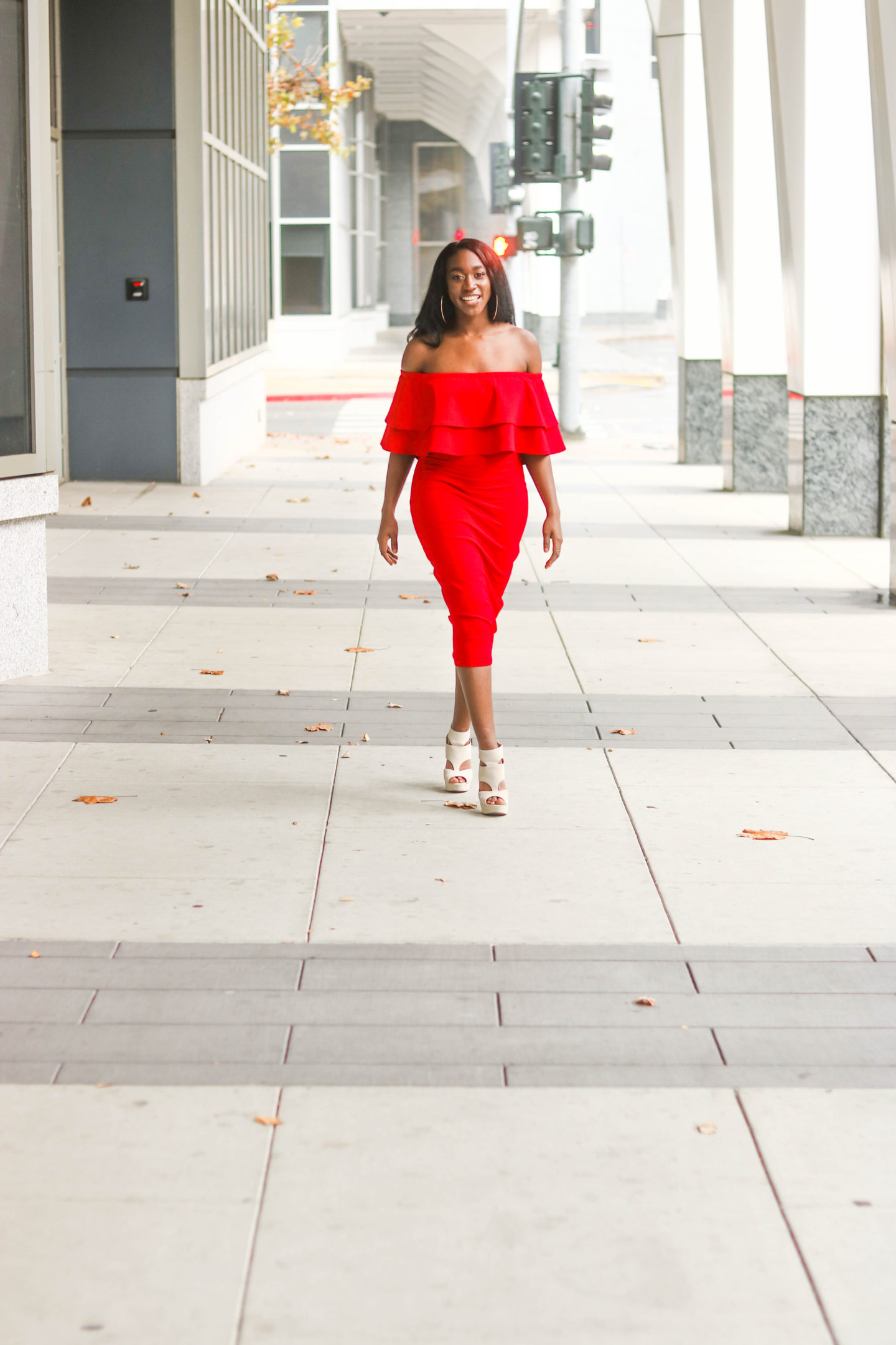 DIY Off the shoulder bodycon dress with flounce flutter, sewing tutorials, flounce, flutter, red dress, red body con dress, red off the shoulder dress, Christmas Dress, Valentines Day Dress, Double Flutter, Double Flounce, Midi body con dress, holiday dress