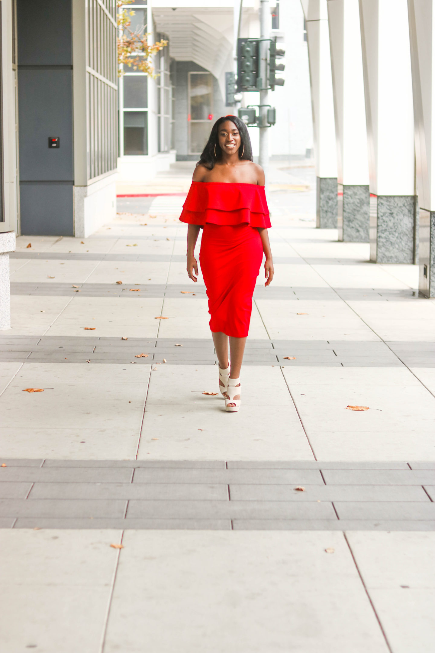 DIY Off the shoulder bodycon dress with flounce flutter, sewing tutorials, flounce, flutter, red dress, red body con dress, red off the shoulder dress, Christmas Dress, Valentines Day Dress, Double Flutter, Double Flounce, Midi body con dress, holiday dress