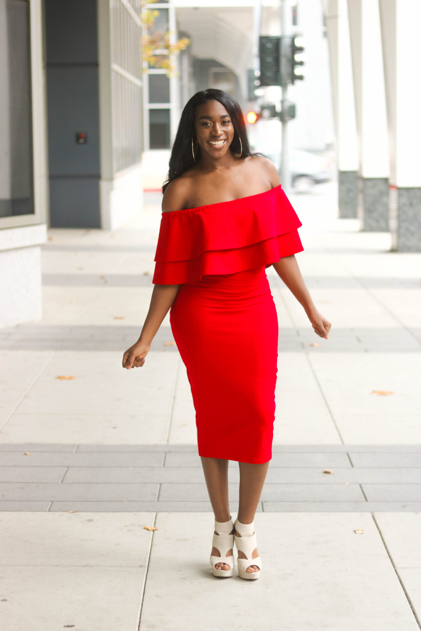 DIY Off the shoulder bodycon dress with flounce flutter, sewing tutorials, flounce, flutter, red dress, red body con dress, red off the shoulder dress, Christmas Dress, Valentines Day Dress, Double Flutter, Double Flounce, Midi body con dress, holiday dress