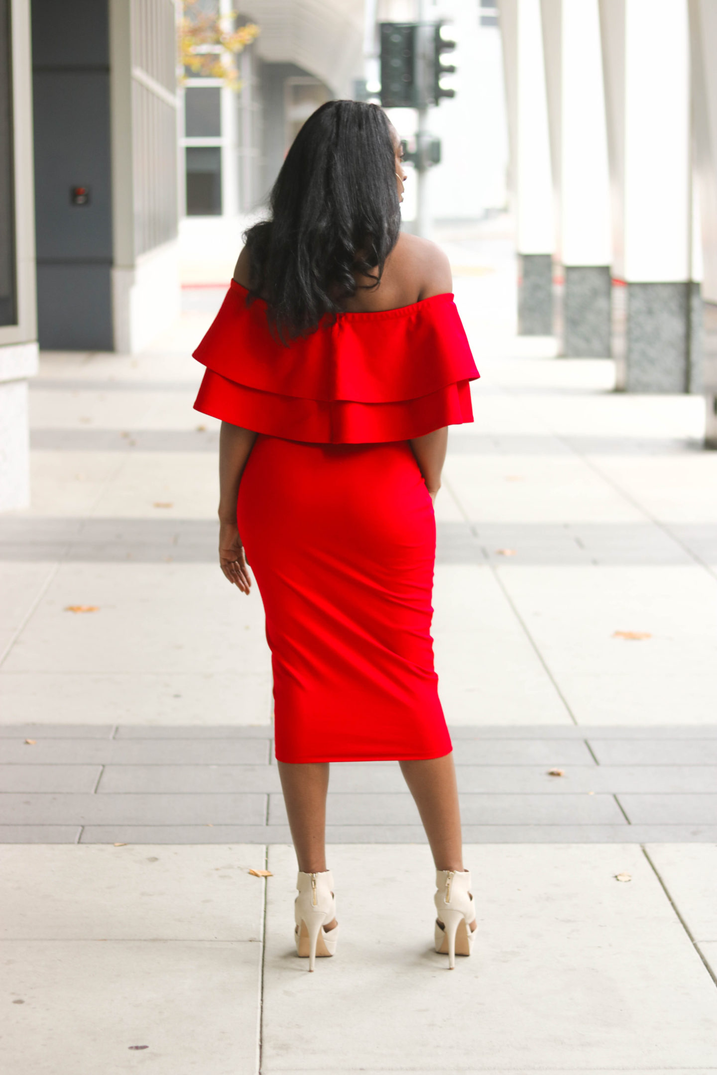 DIY Off the shoulder bodycon dress with flounce flutter, sewing tutorials, flounce, flutter, red dress, red body con dress, red off the shoulder dress, Christmas Dress, Valentines Day Dress, Double Flutter, Double Flounce, Midi body con dress, holiday dress