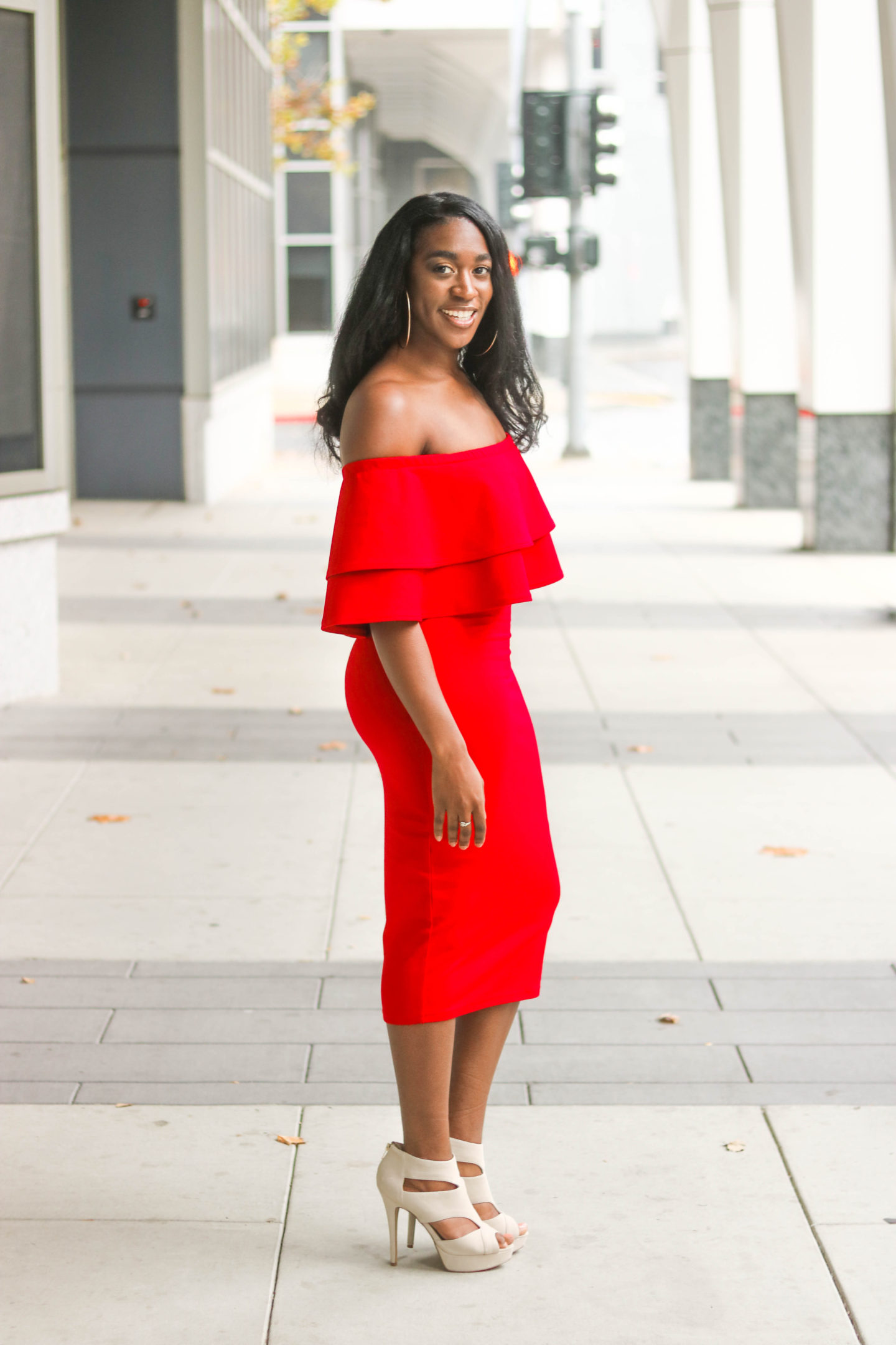 DIY Off the shoulder bodycon dress with flounce flutter, sewing tutorials, flounce, flutter, red dress, red body con dress, red off the shoulder dress, Christmas Dress, Valentines Day Dress, Double Flutter, Double Flounce, Midi body con dress, holiday dress