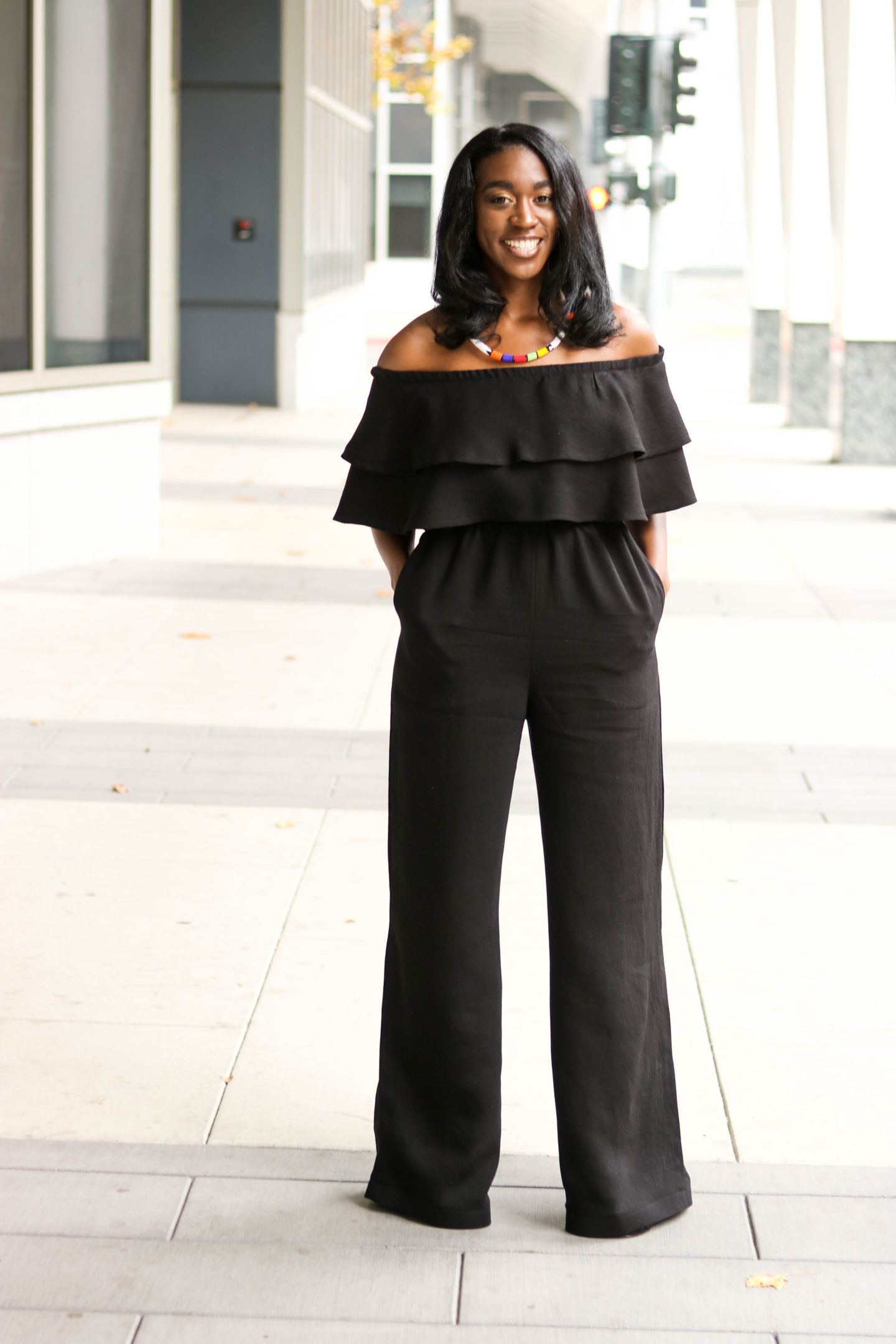 DIY Off the shoulder jumpsuit with flounce flutter Tutorial Wide Leg