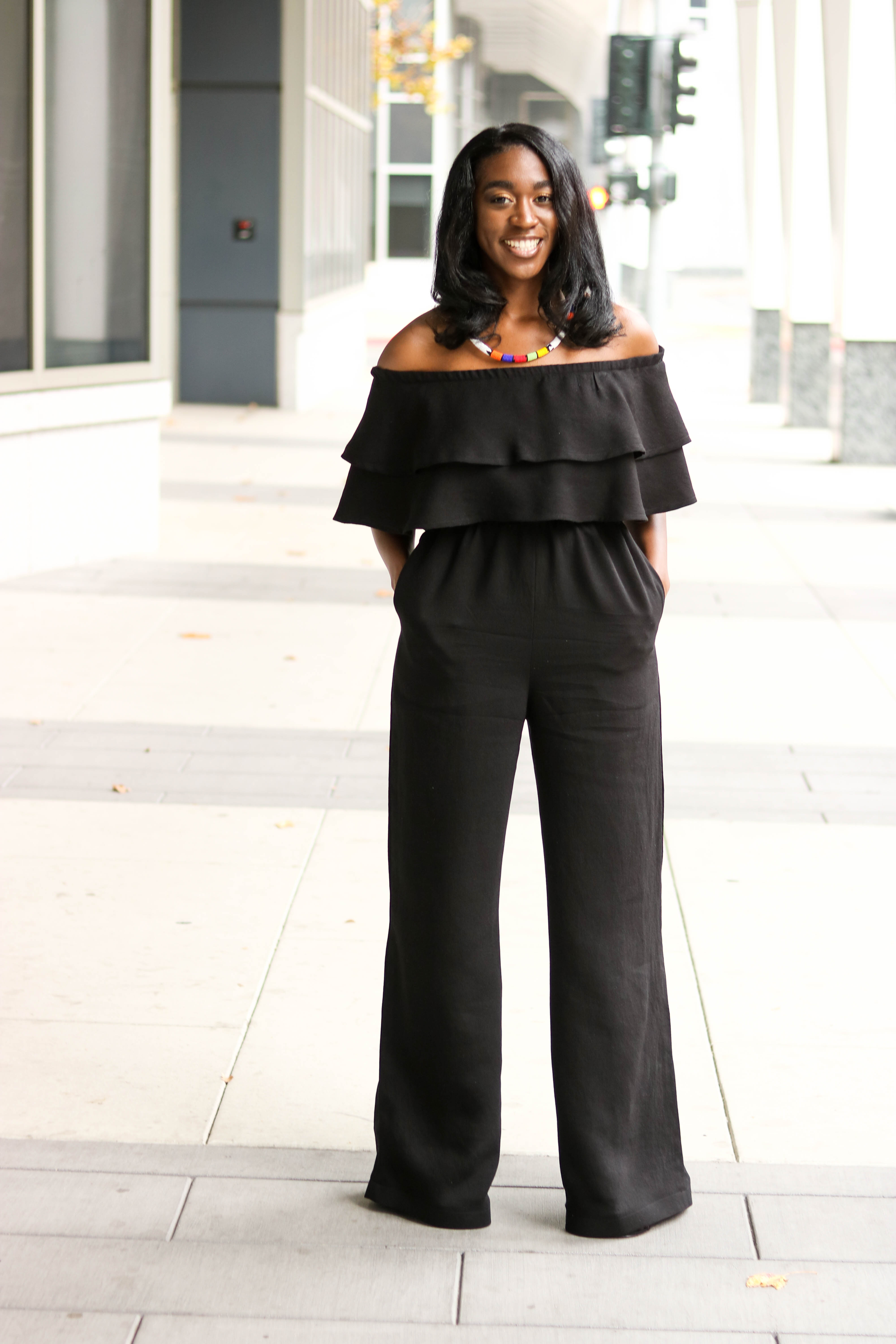 DIY Off the shoulder jumpsuit with flounce flutter Tutorial-1 - Montoya ...