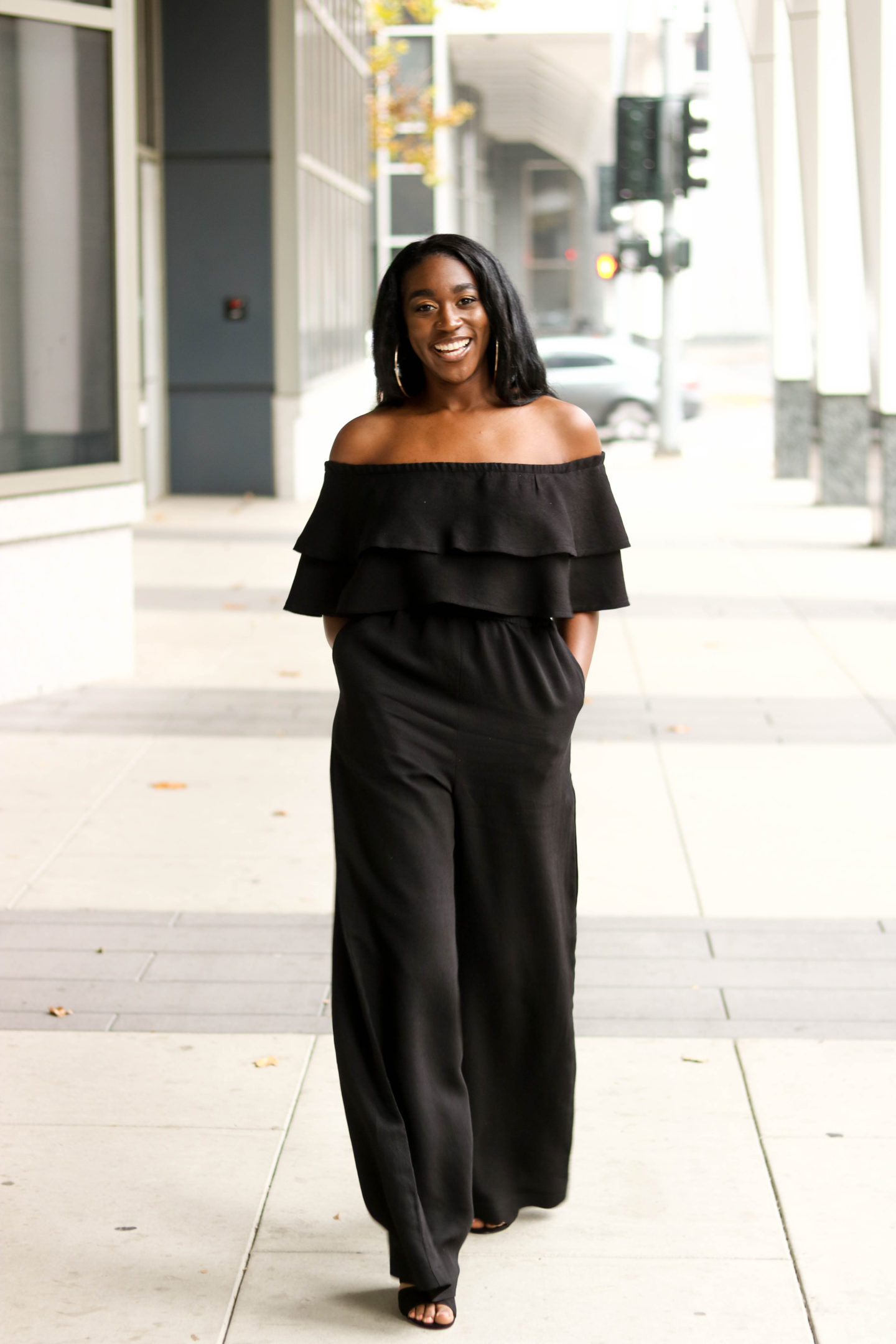 DIY Off the shoulder jumpsuit with flounce flutter Tutorial Wide Leg