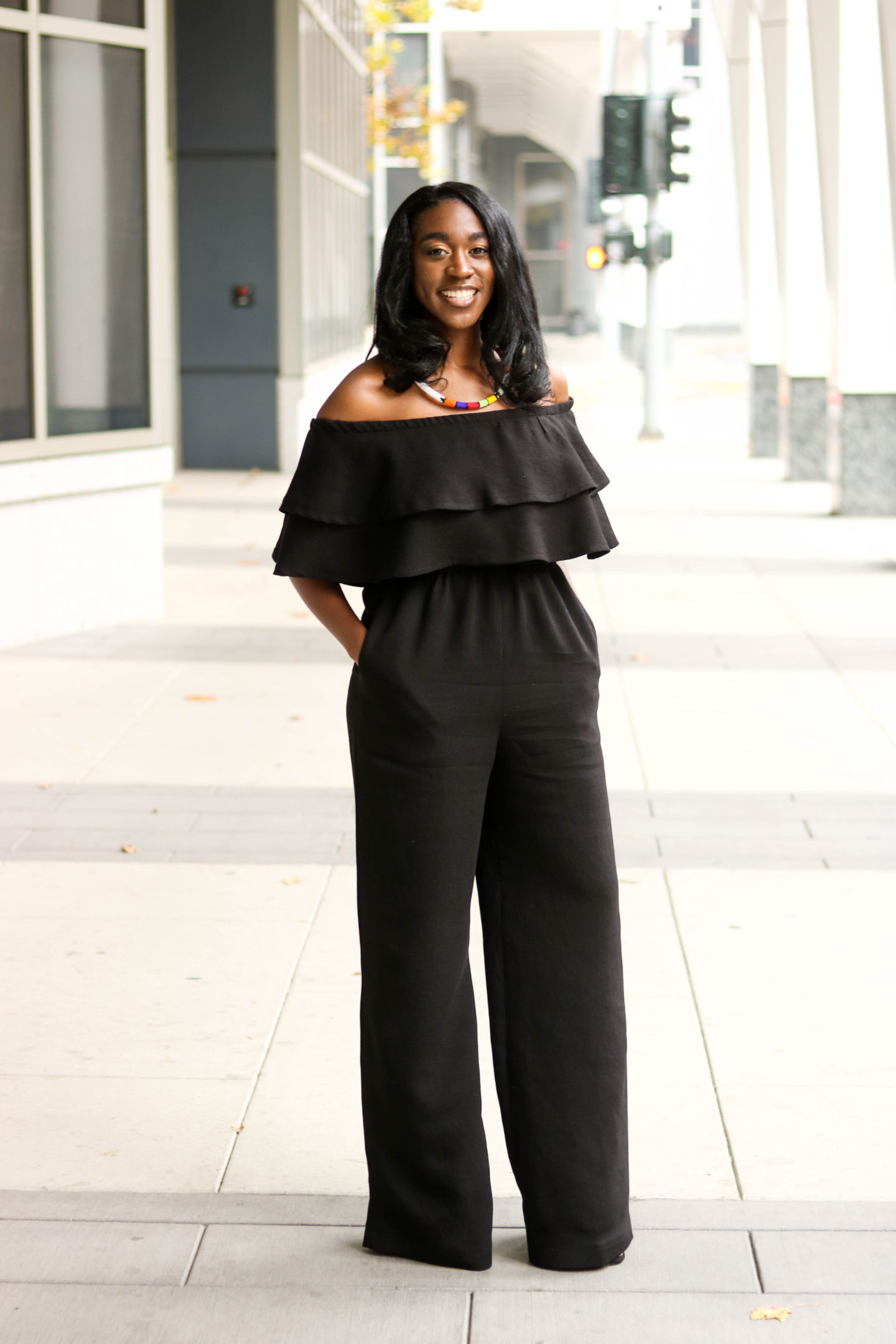 DIY Off the shoulder jumpsuit with flounce flutter Tutorial