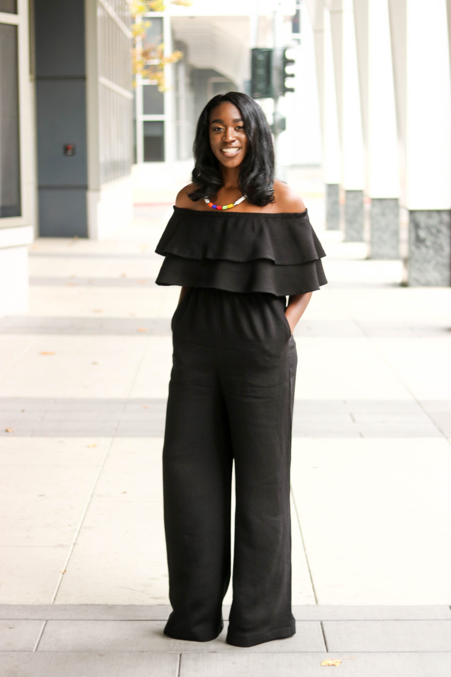 DIY Off the shoulder jumpsuit with flounce flutter Tutorial Wide Leg