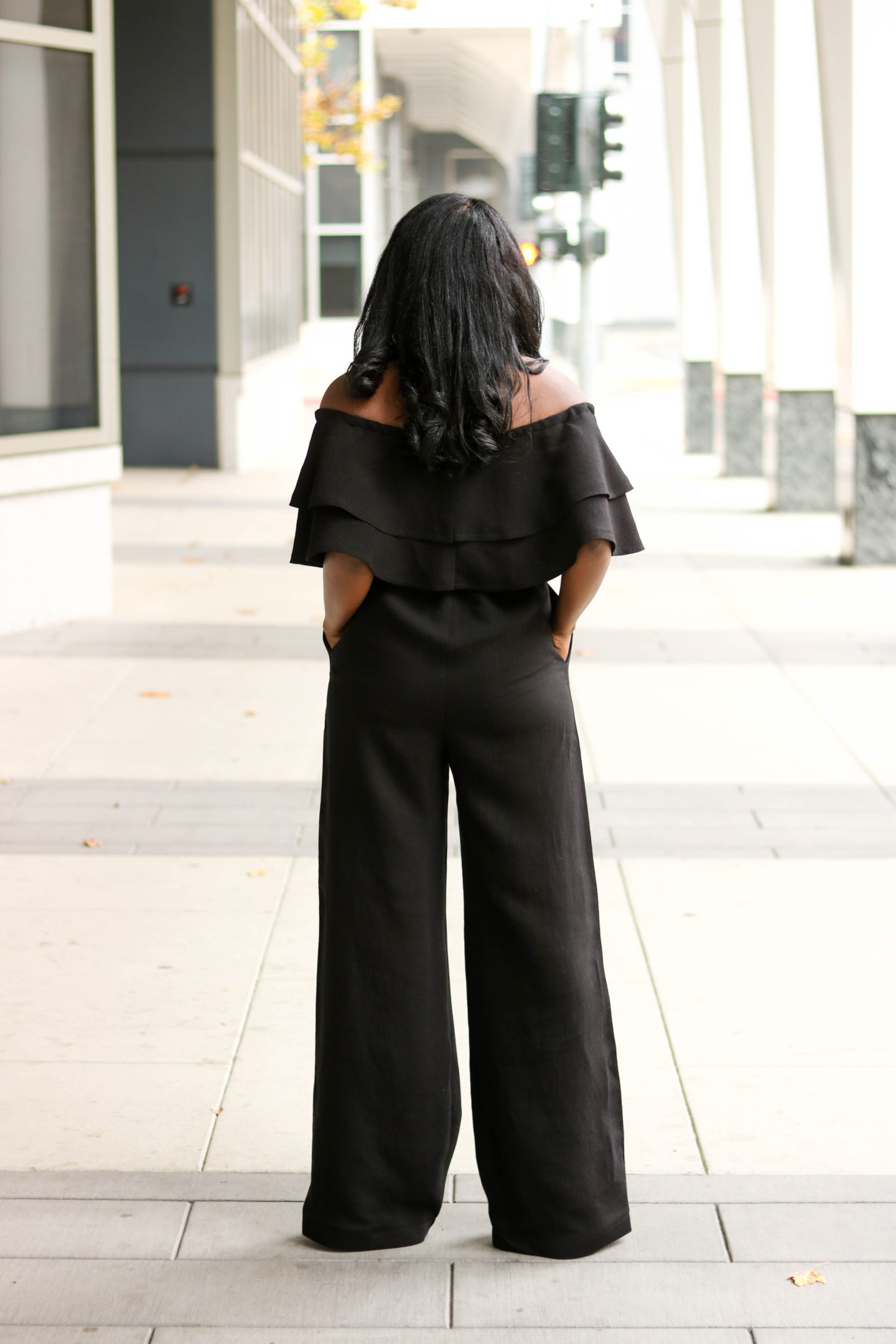 DIY Off the shoulder jumpsuit with flounce flutter Tutorial Wide Leg