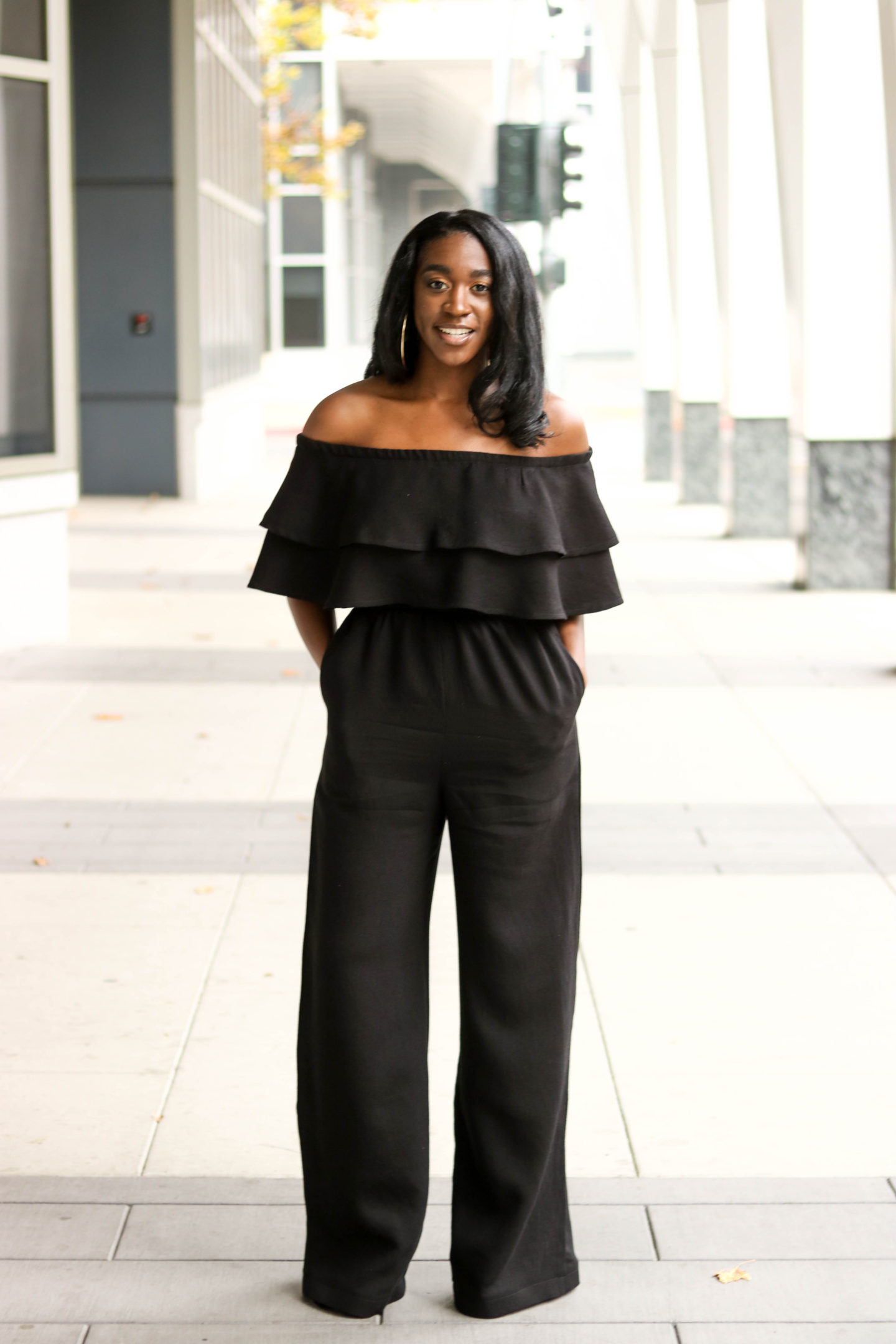 DIY Off the shoulder jumpsuit with flounce flutter Tutorial Wide Leg