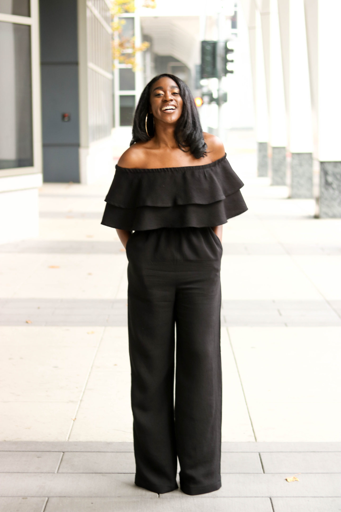 DIY Off the shoulder jumpsuit with flounce flutter Tutorial Wide Leg