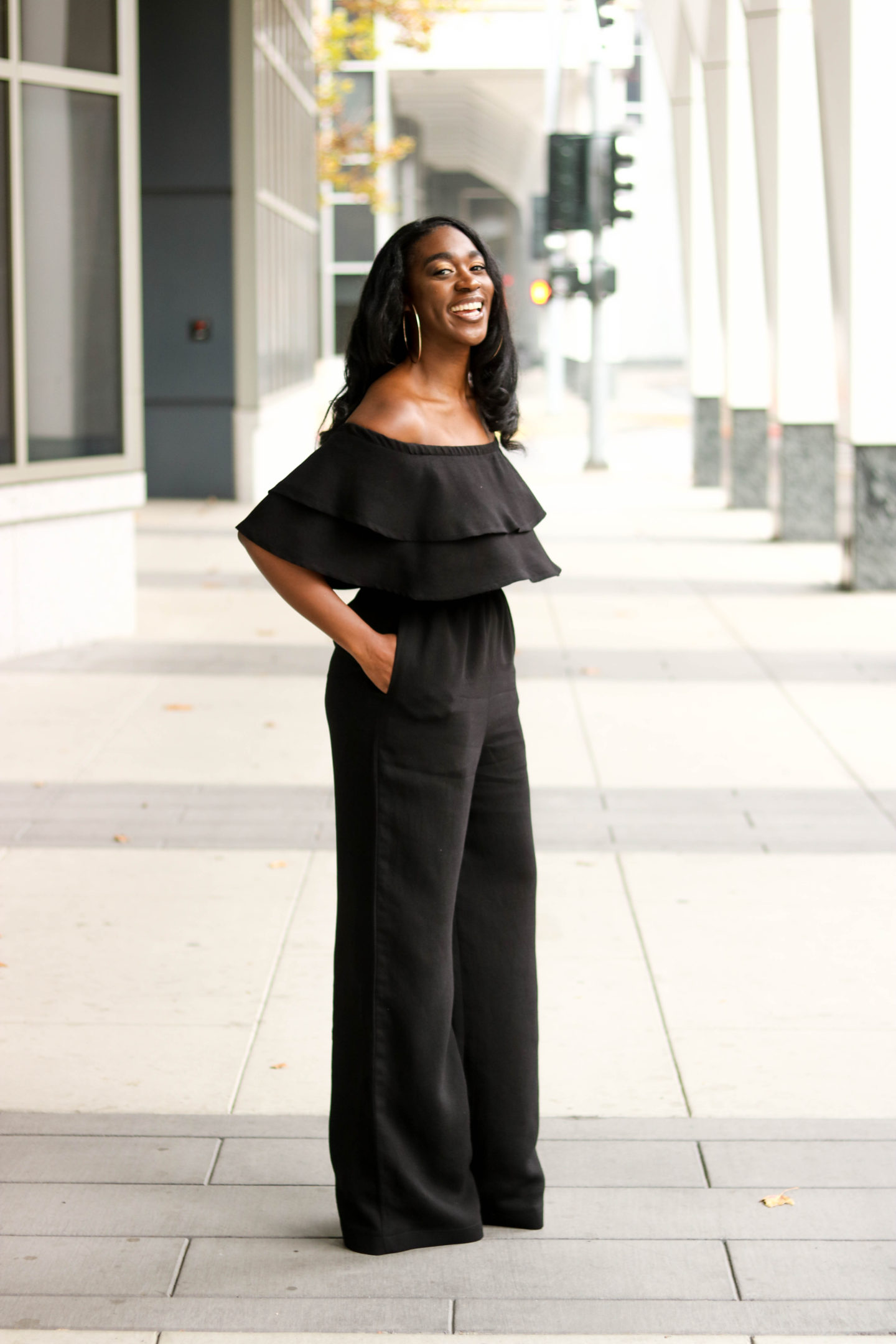 DIY Off the shoulder jumpsuit with flounce flutter Tutorial Wide Leg