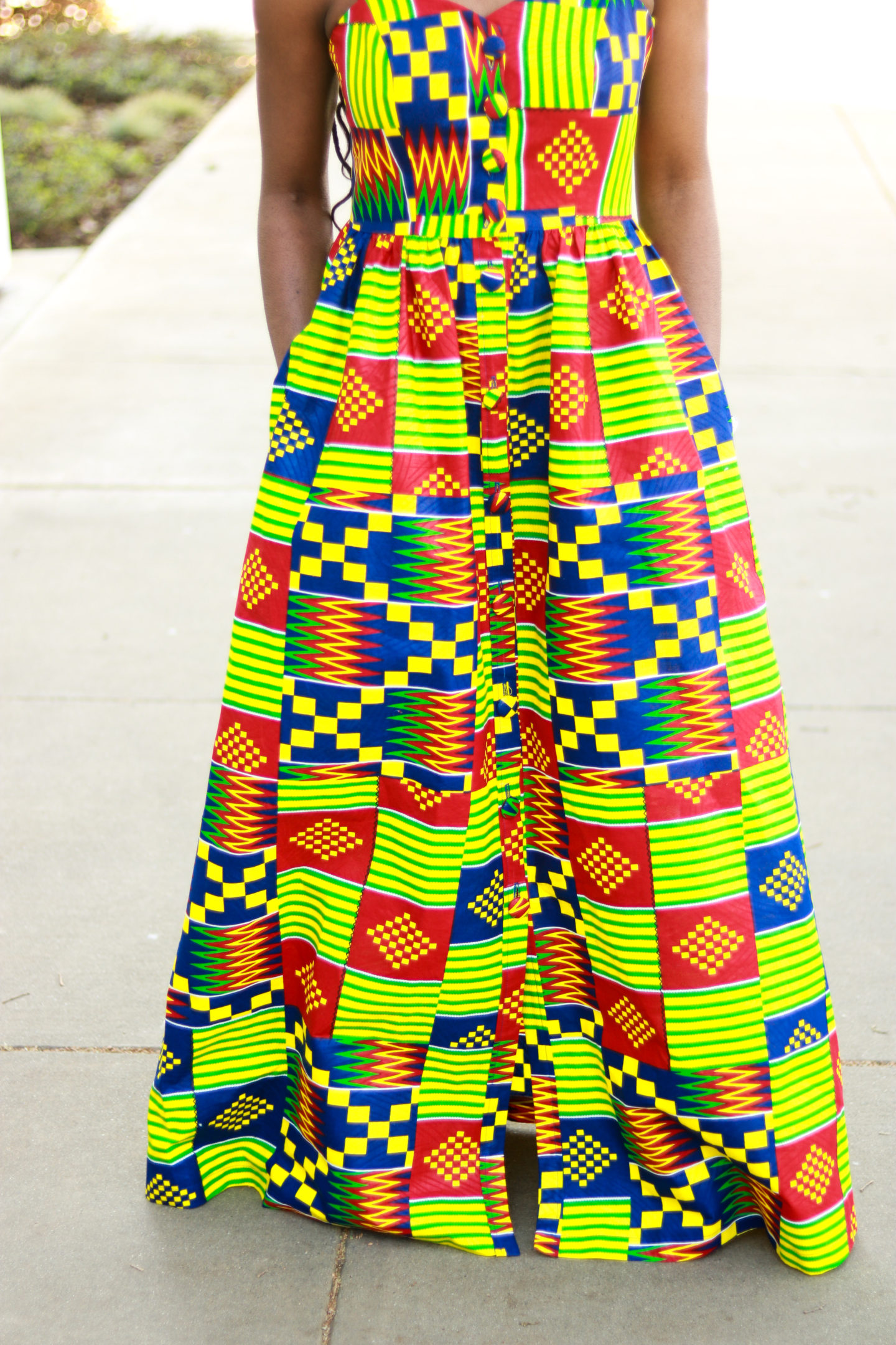 DIY Kente Print Ankara Maxi Dress with Pockets Buttons Jessica Dress Pattern Review Kitenge Nigerian Fashion Ghanaian Fashion African Wedding Modern African Fashion 