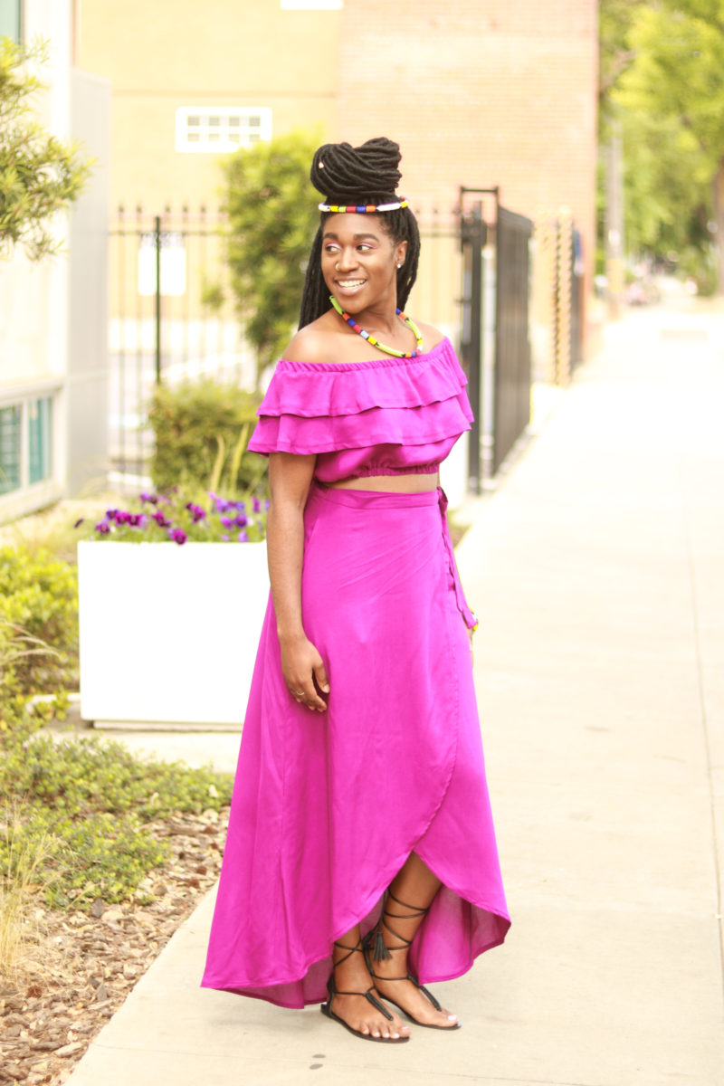 DIY Wrap Skirt and Off the Shoulder Top with Double Flounce Crop Top McCall's M7606 -12