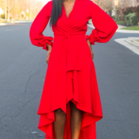 DIY Bishop Sleeve with Ruffle Cuff Tutorial High Low Wrap Coat Dress Red -2