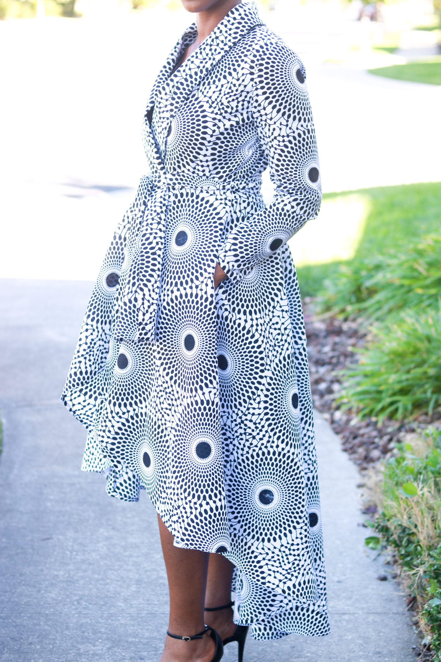 DIY Ankara African Wax Print Tory Wrap Coat Dress Sewing Pattern High Low Jacket with Pockets and Sash