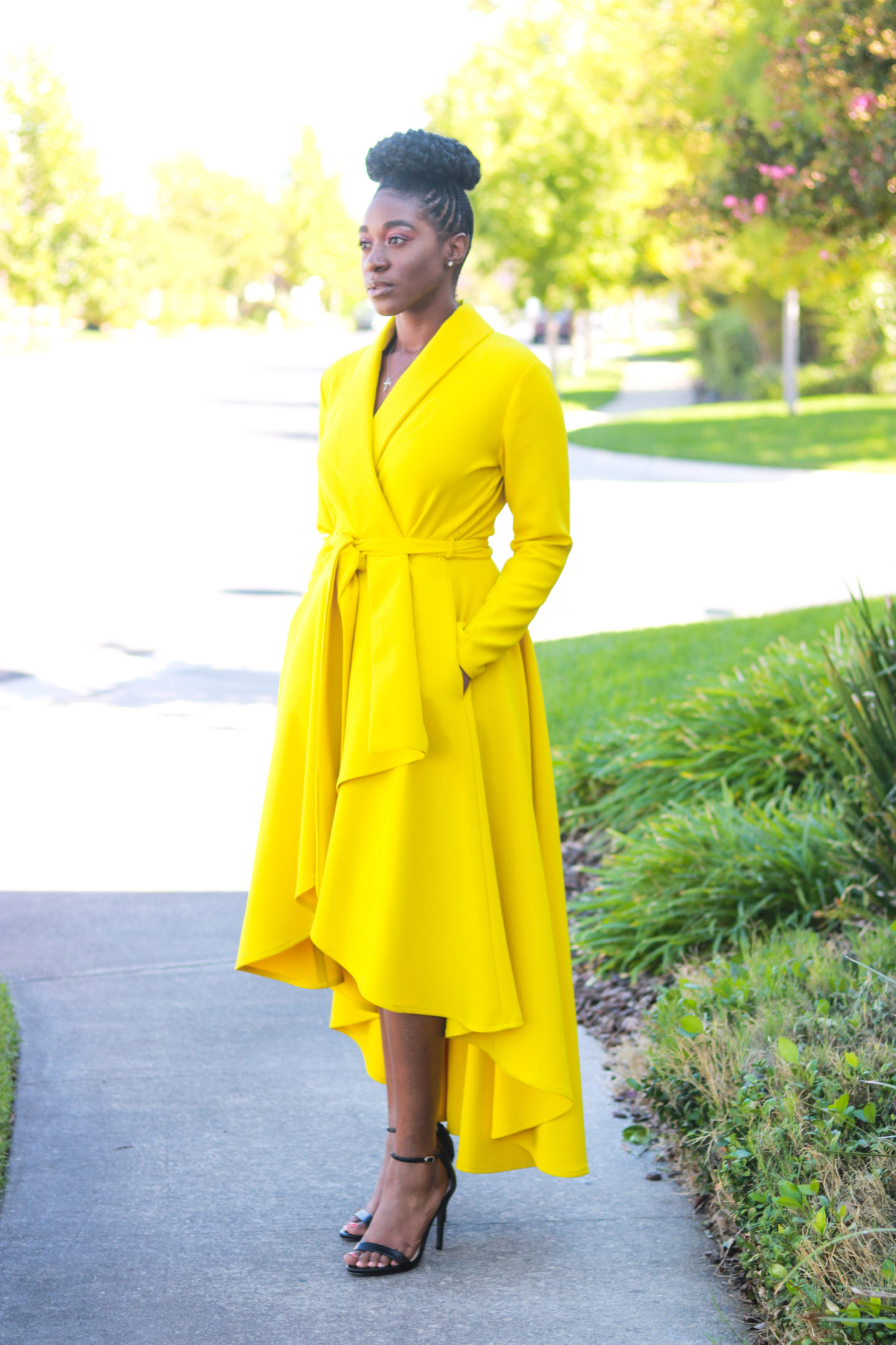 DIY Yellow Tory Wrap Coat Dress Sewing Pattern High Low Jacket with Pockets and Sash 