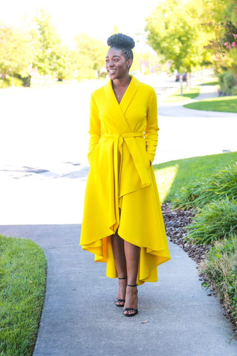 DIY Yellow Tory Wrap Coat Dress Sewing Pattern High Low Jacket with Pockets and Sash