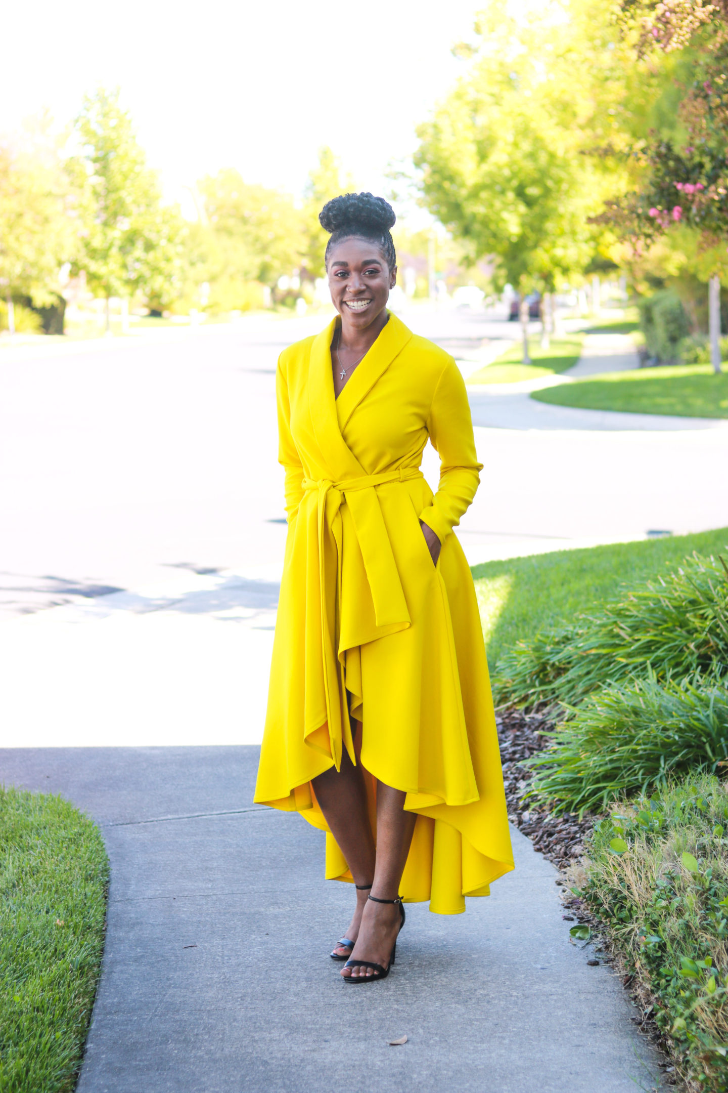 DIY Yellow Tory Wrap Coat Dress Sewing Pattern High Low Jacket with Pockets and Sash 