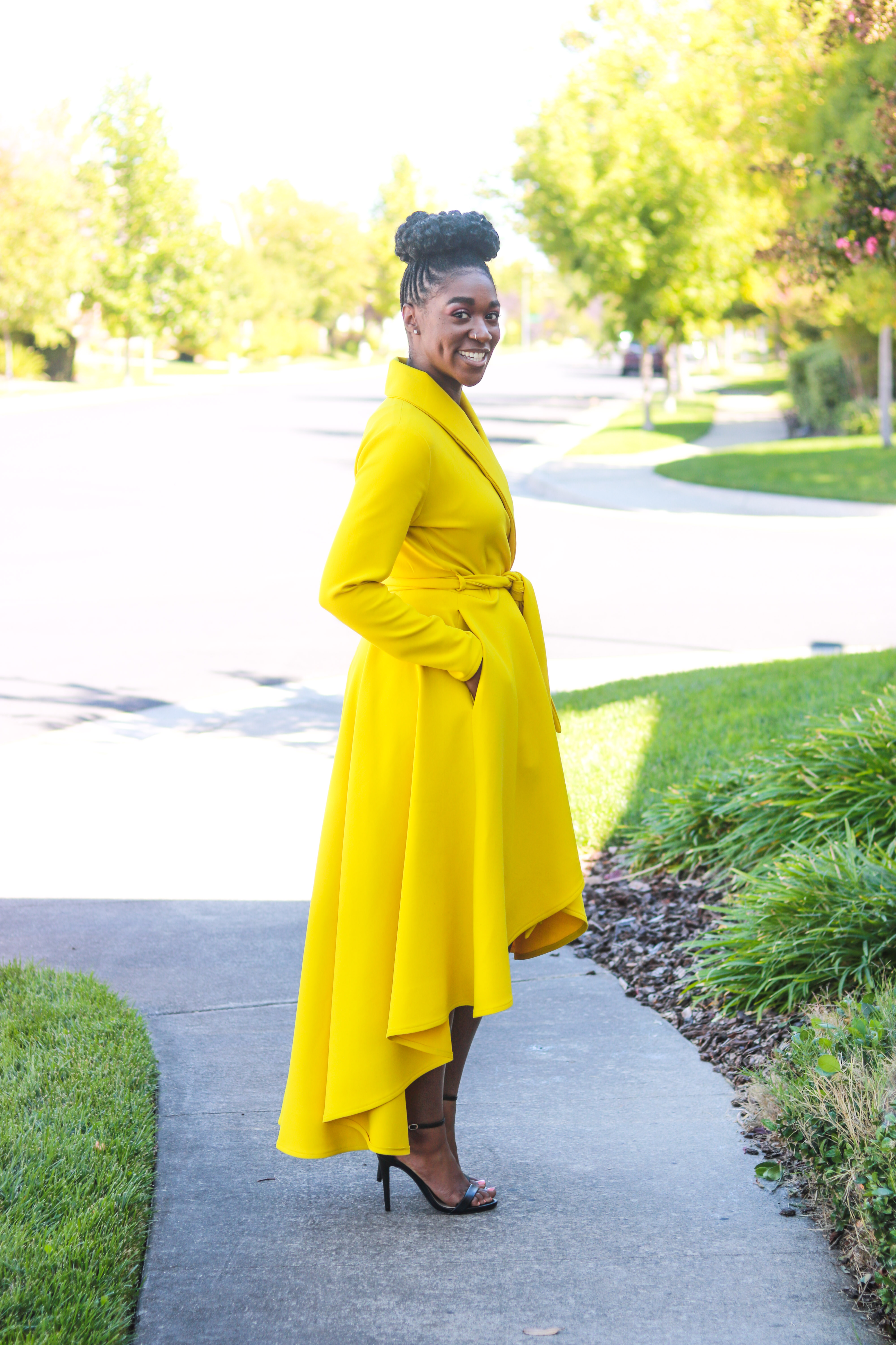 DIY Yellow Tory Wrap Coat Dress Sewing Pattern High Low Jacket with Pockets  and Sash -7 - Montoya Mayo