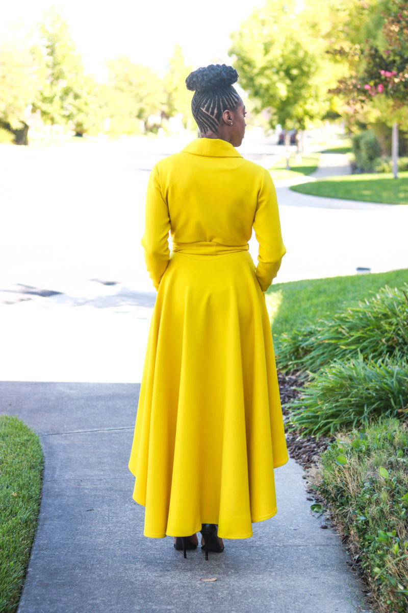 DIY Yellow Tory Wrap Coat Dress Sewing Pattern High Low Jacket with Pockets and Sash