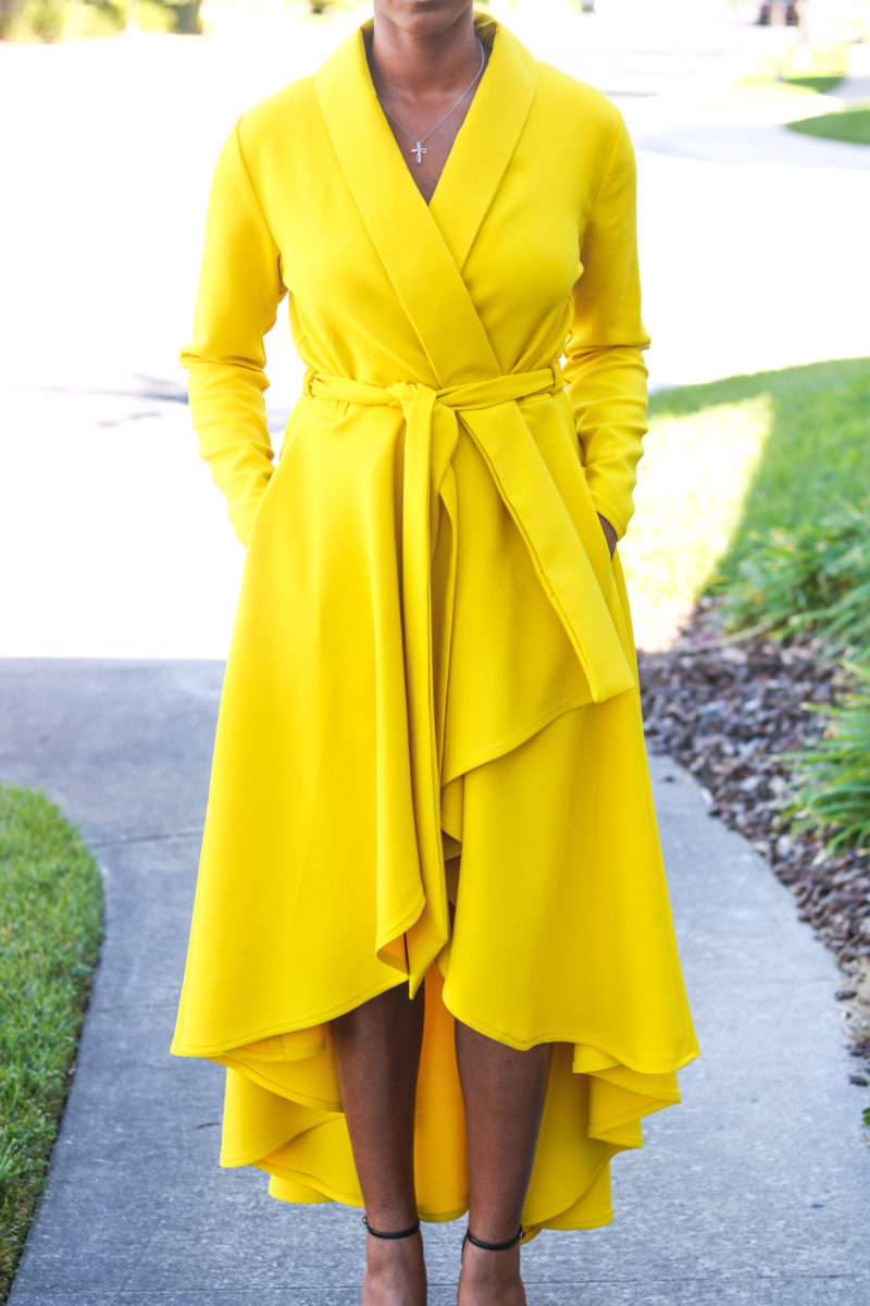 DIY Yellow Tory Wrap Coat Dress Sewing Pattern High Low Jacket with Pockets and Sash