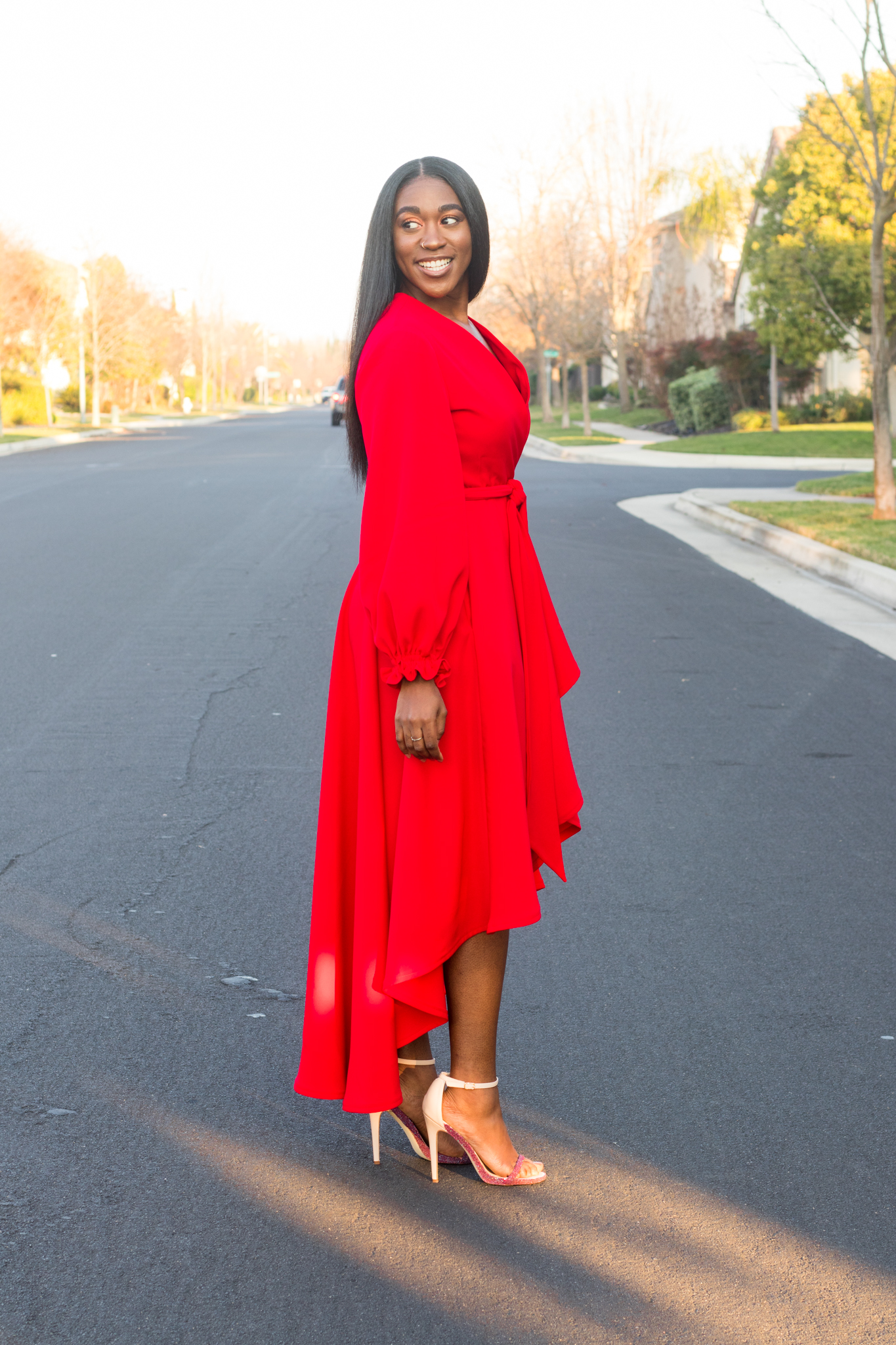 DIY Bishop Sleeve with Ruffle Cuff Tutorial High Low Wrap Coat Dress Red -9