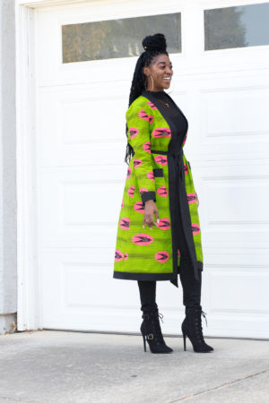 DIY Ankara African Print Duster Pink and Green Birds Black contrasting bands Trimming Pockets New Look 6306