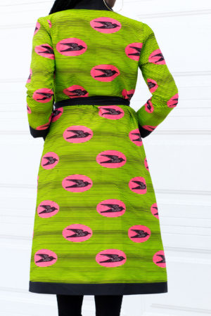 DIY Ankara African Print Duster Pink and Green Birds Black contrasting bands Trimming Pockets New Look 6306