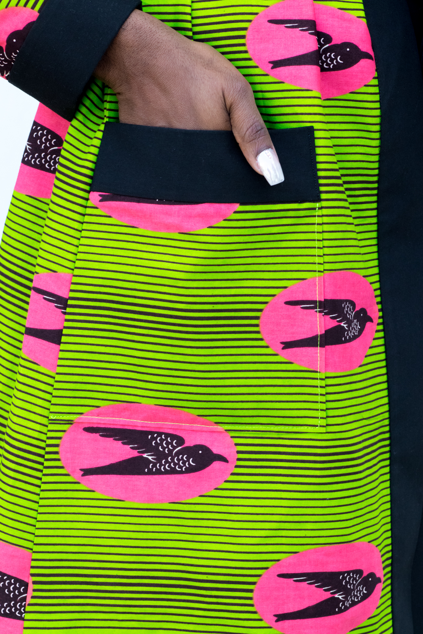 DIY Ankara African Print Duster Pink and Green Birds Black contrasting bands Trimming Pockets New Look 6306
