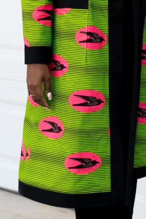 DIY Ankara African Print Duster Pink and Green Birds Black contrasting bands Trimming Pockets New Look 6306