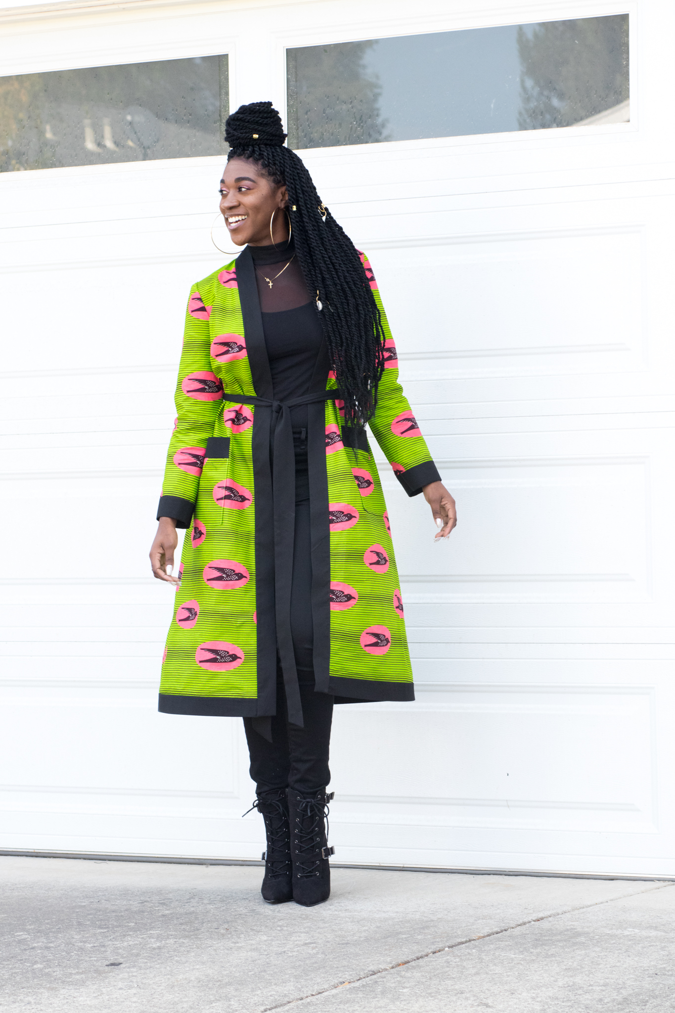 DIY Ankara African Print Duster Pink and Green Birds Black contrasting bands Trimming Pockets New Look 6306