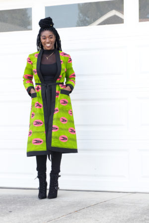 DIY Ankara African Print Duster Pink and Green Birds Black contrasting bands Trimming Pockets New Look 6306