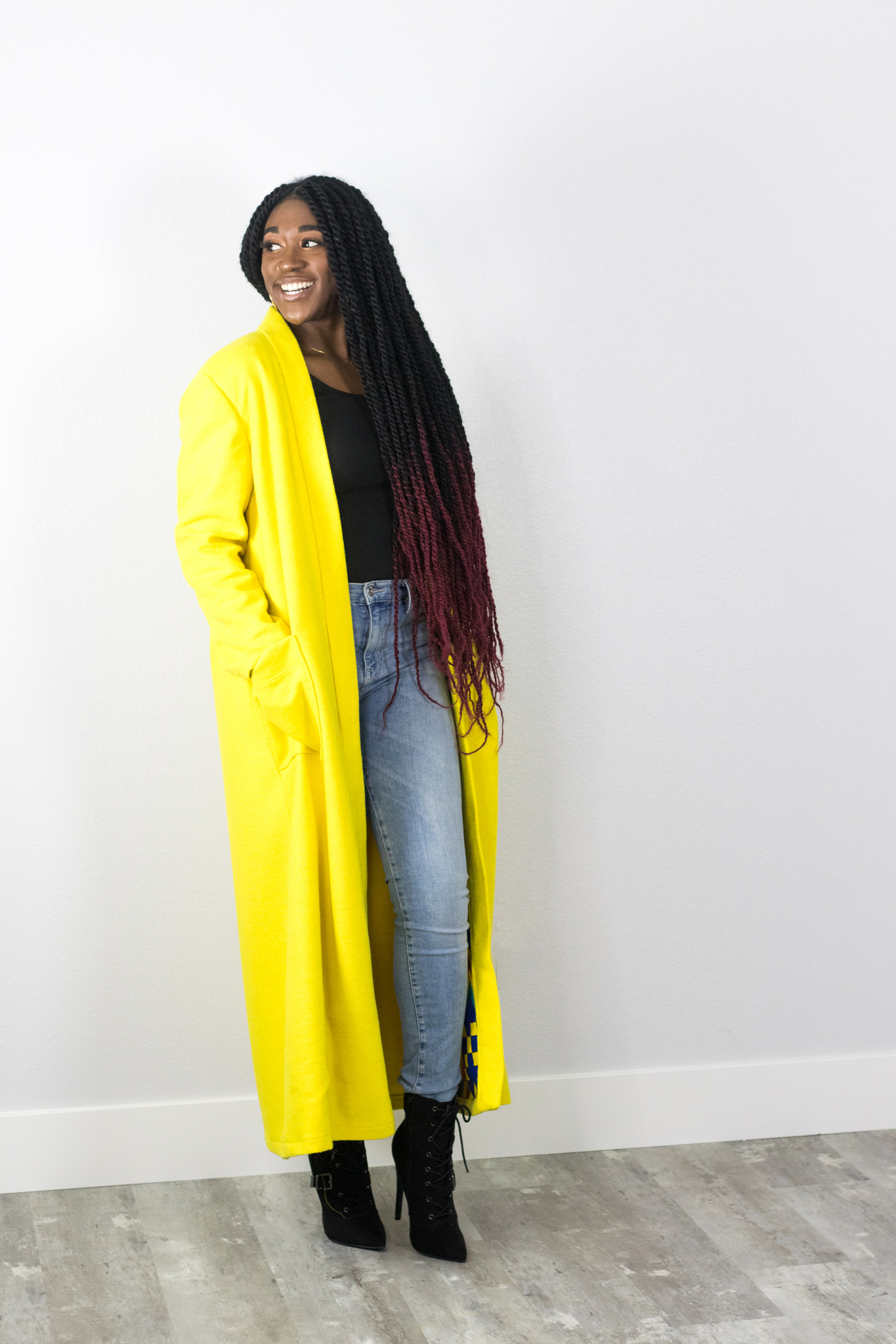DIY Sewing Long Yellow Wool Coat, Fully Lined, Kente Lining, Front Pockets