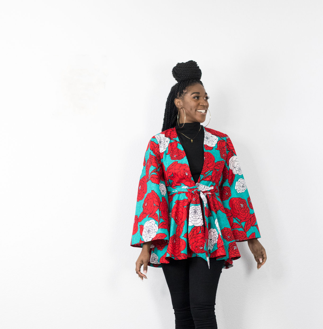 DIY Sewing Wrap Top With Bell Sleeve Ankara African Wax print, floral print, red, white, blue