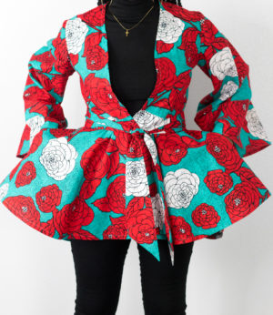 DIY Sewing Wrap Top With Bell Sleeve Ankara African Wax print, floral print, red, white, blue