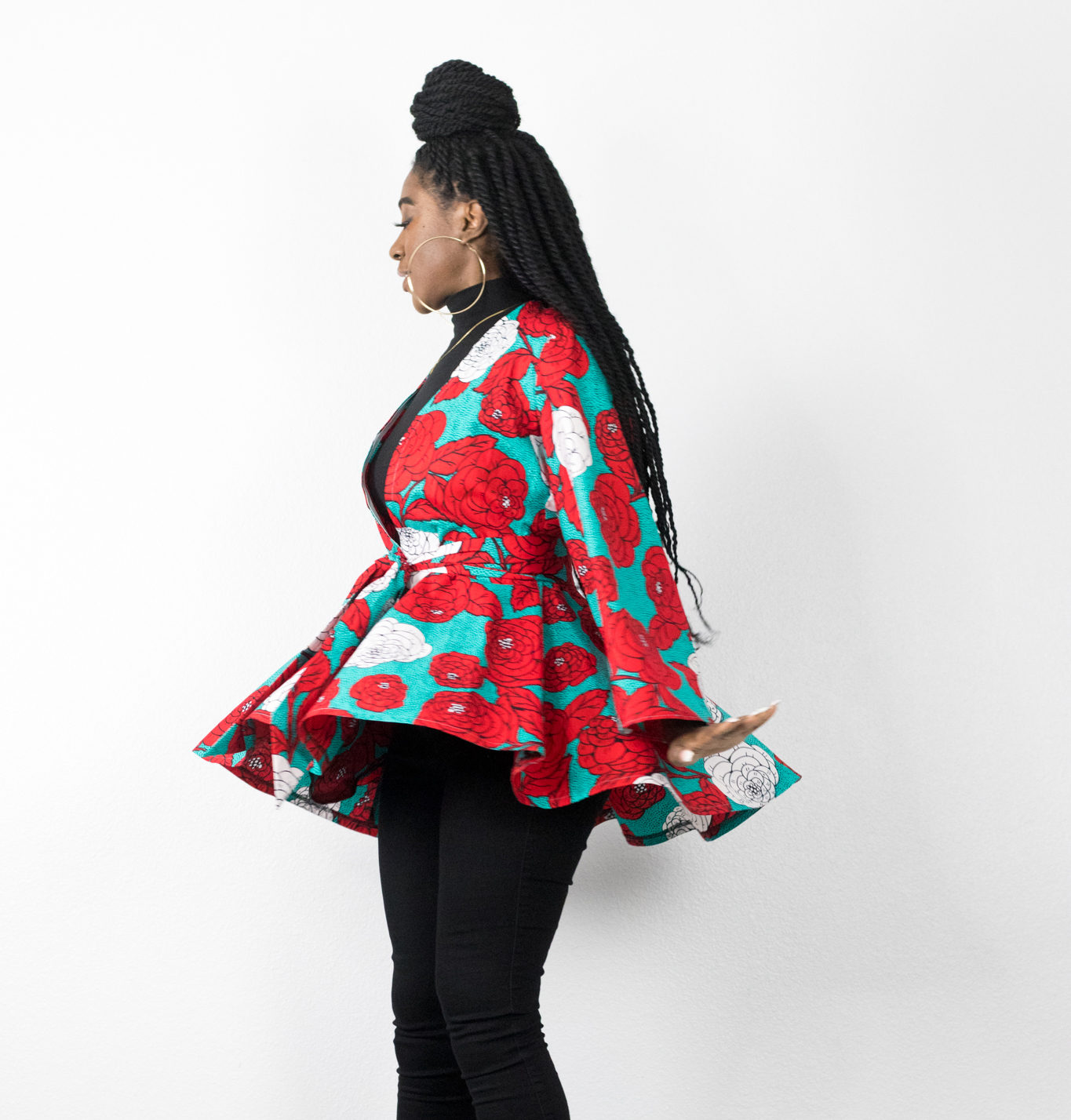 DIY Sewing Wrap Top With Bell Sleeve Ankara African Wax print, floral print, red, white, blue