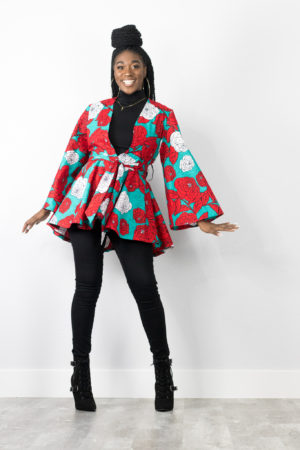 DIY Sewing Wrap Top With Bell Sleeve Ankara African Wax print, floral print, red, white, blue