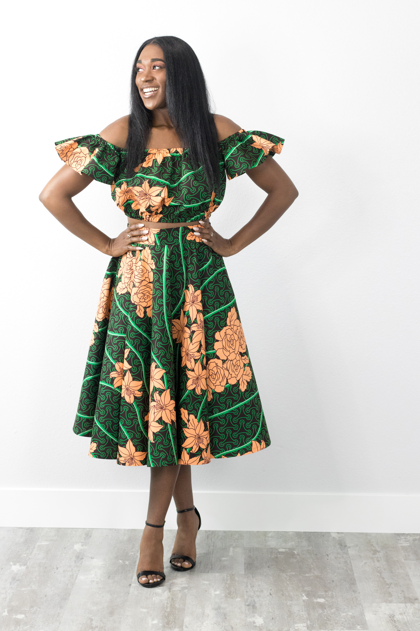 DIY Flat Front Elastic Back Full Circle Skirt Midi crop top Ankara African Print Fabric Tutorial Pockets