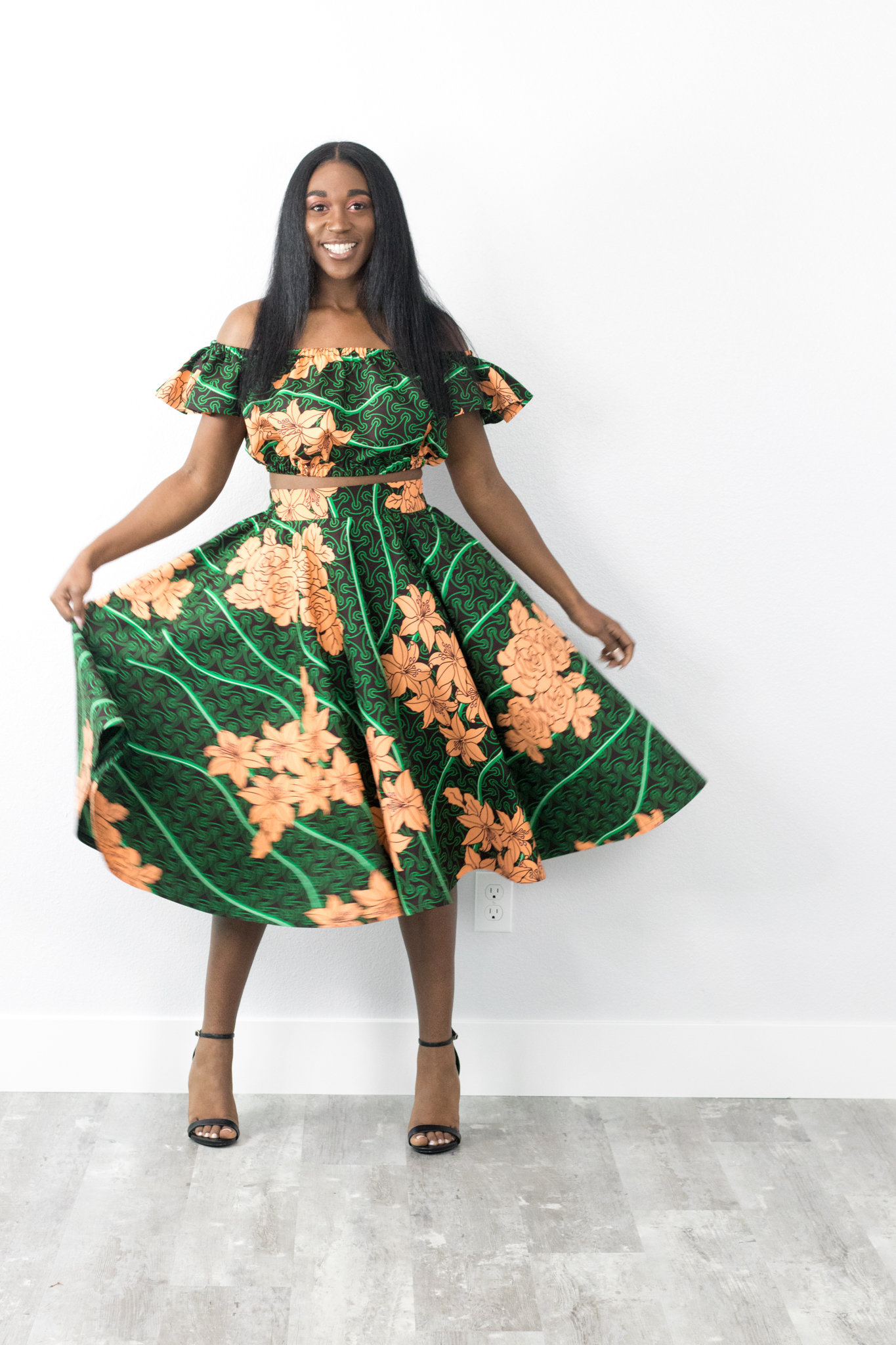 DIY Flat Front Elastic Back Full Circle Skirt Midi crop top Ankara African Print Fabric Tutorial Pockets