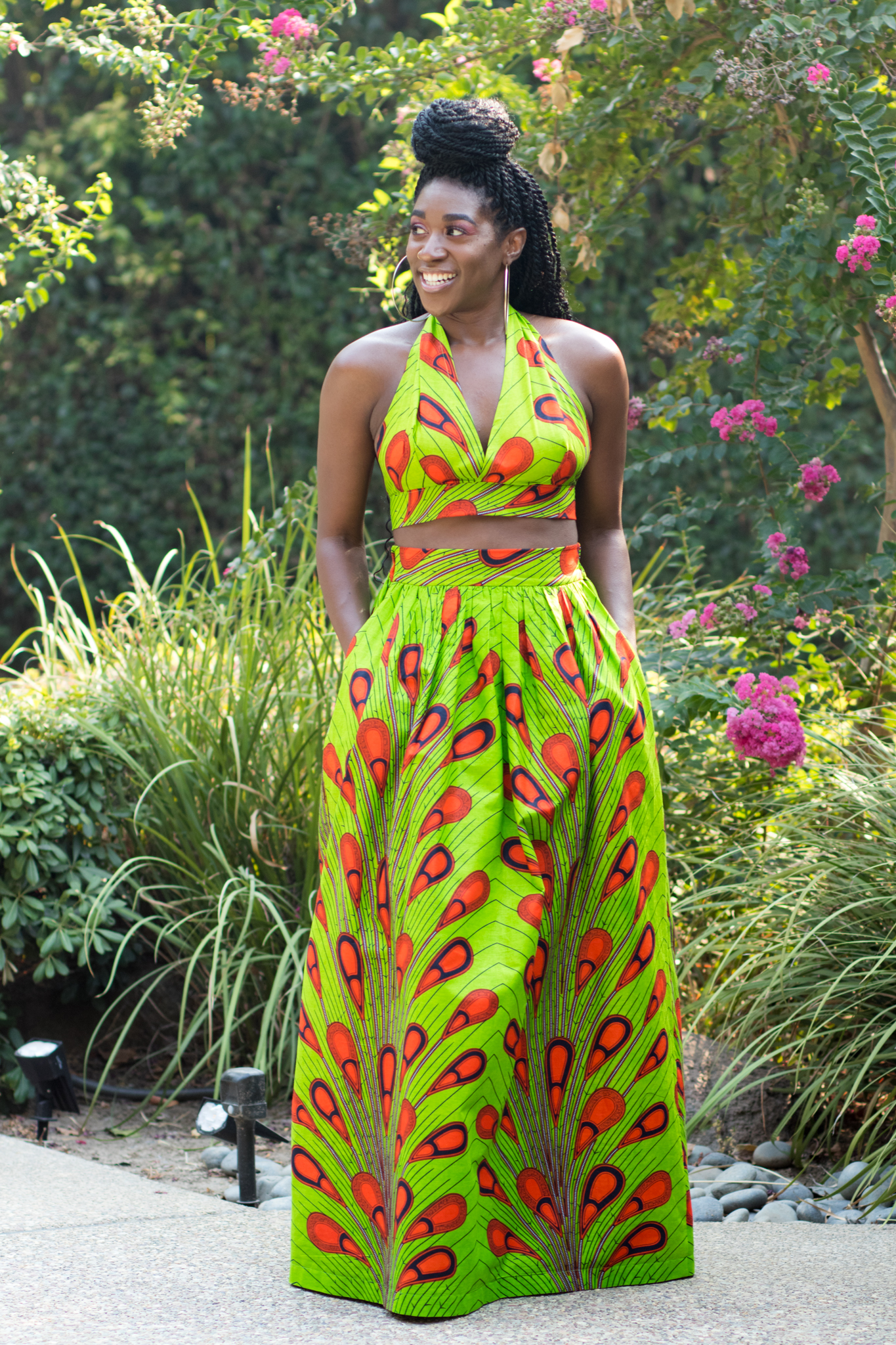DIY Gathered Maxi Skirt with Pockets Ankara African Print Fabric Halter Top Flat Front Elastic Back