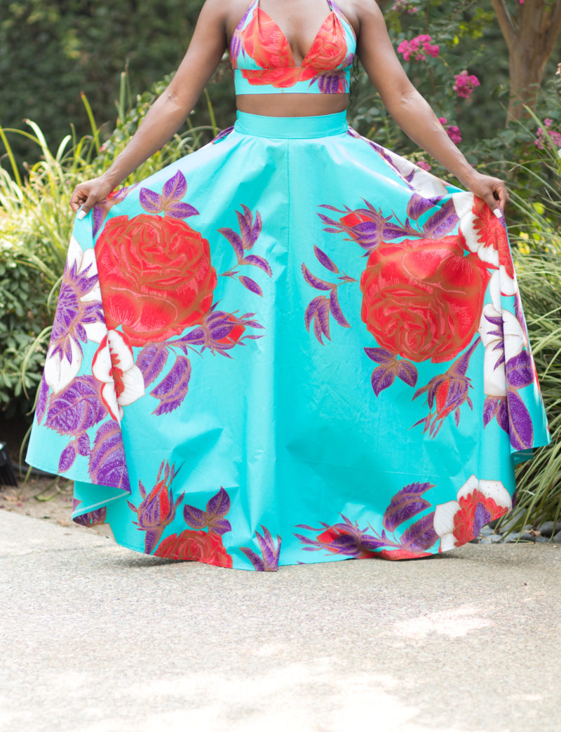 Diy Half Circle Maxi Skirt With Pockets Ankara African Print Fabric Halter Top Flat Front 