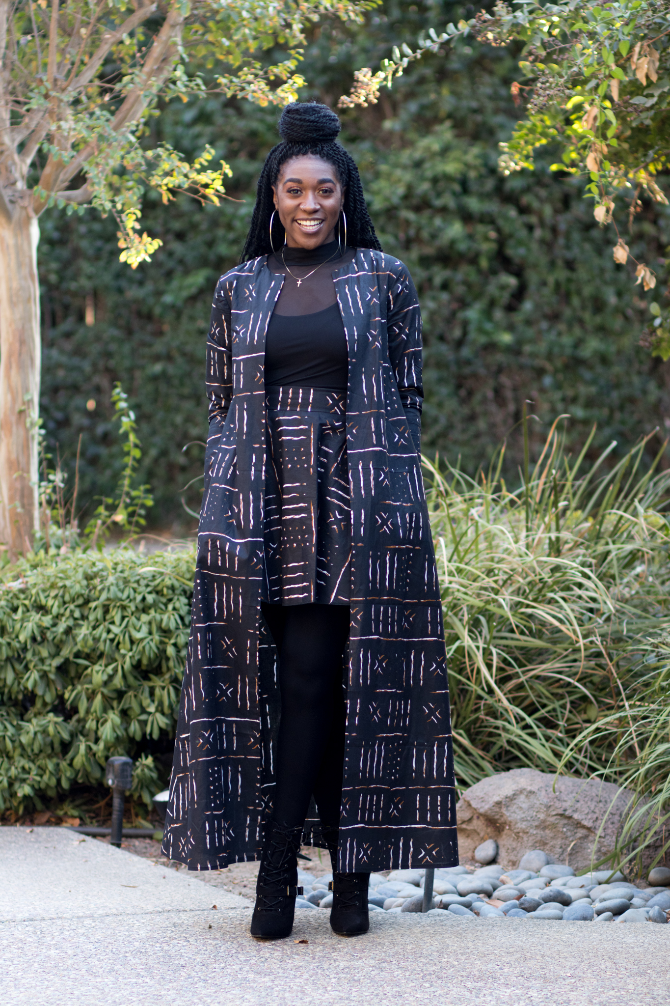 DIY Duster Sewing New Look 6514 mini half circle skirt Ankara African Mud Cloth Print Black winter fashion