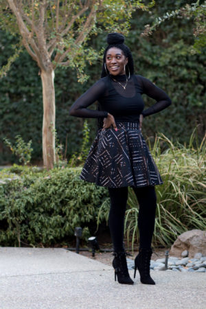 DIY Duster Sewing New Look 6514 mini half circle skirt Ankara African Mud Cloth Print Black winter fashion