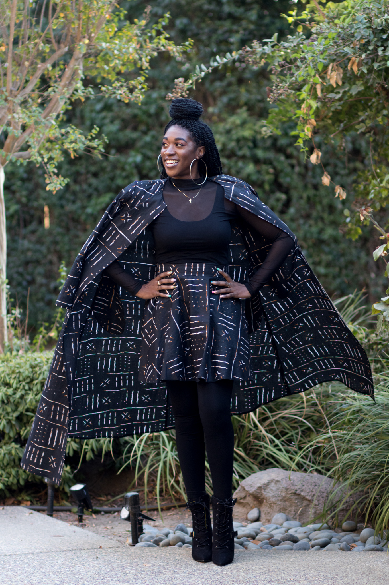 DIY Duster Sewing New Look 6514 mini half circle skirt Ankara African Mud Cloth Print Black winter fashion