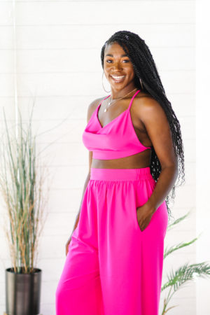 DIY Neon pink back out cowl top and wide leg pants Simplicity 8605 S8605