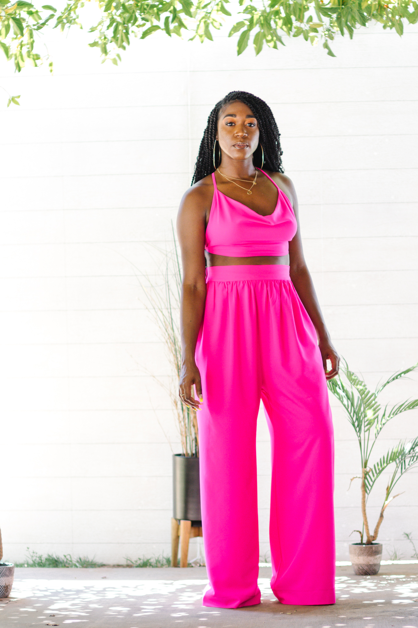 DIY Neon pink back out cowl top and wide leg pants Simplicity 8605 S8605